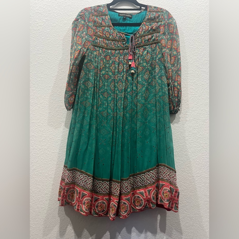 Green and Pink Smocked Sundress with Bishop Sleeves